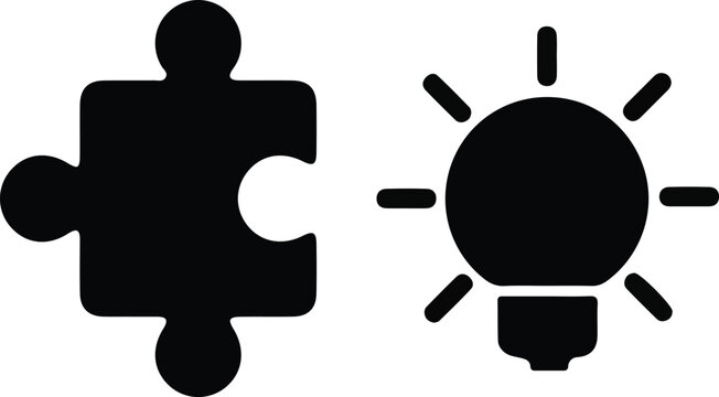 black flat vector puzzle piece and light bulb silhouette icon set for creative problem solving innovation brainstorming business education technology and ui graphic design