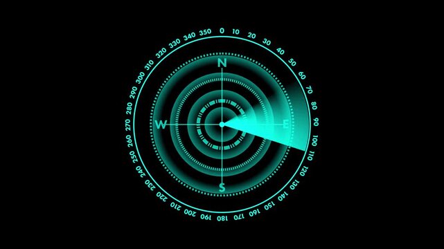 Cyan blue HUD radar display with rotating sonar beam on black background.