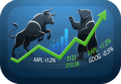 Stock market graph with bulls and green arrow on blue background