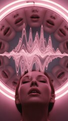 Plakat Woman experiencing mind control and hypnotic state. Digital visualization of brain waves and psychological manipulation. Surreal concept of subconscious influence and brainwashed mind.