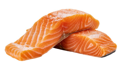 Two fresh raw salmon fillets with visible white fat lines, isolated on transparent background © Vasilis