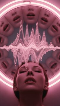 Woman experiencing mind control and hypnotic state. Digital visualization of brain waves and psychological manipulation. Surreal concept of subconscious influence and brainwashed mind.