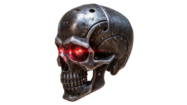 Metallic cyborg skull with glowing red eyes, isolated on transparent background