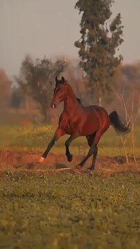 Powerful Stallion Running Freely in Nature During Golden Hour
