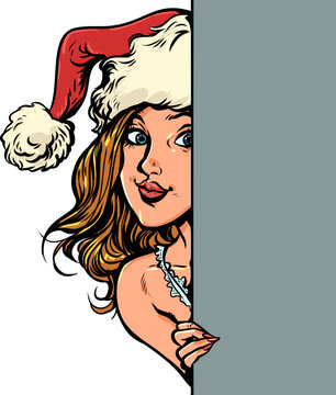 Pop Art Retro A girl dressed as Santa Claus. New Year's discounts and gifts. Creating a surprise for the winter holidays.