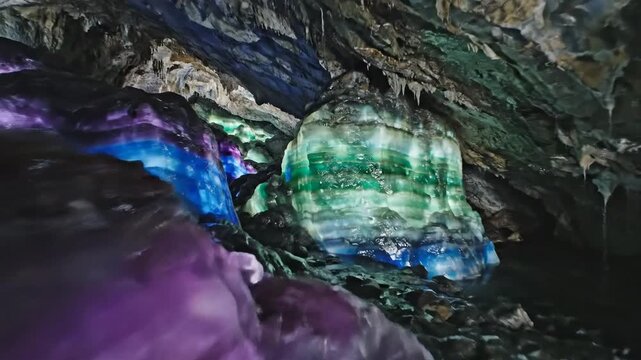Colorful illuminated cave formations viewed from a close perspective
