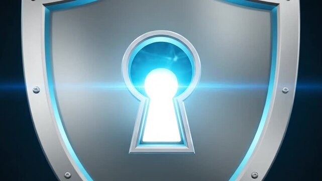Glowing keyhole in a shield with blue light.
