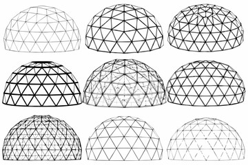 Nine isometric views of geodesic domes with varying frequencies © PolyRani