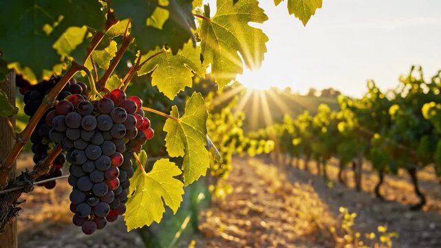 A cluster of purple grapes hanging from a vine with green leaves at sunset