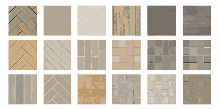 Collection of textured tile and flooring samples in neutral tones