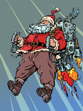 Pop Art Retro Santa Claus flies on his backpack. New Year and Christmas are approaching with Santa Claus. Discounts on New Year's holidays and gifts.
