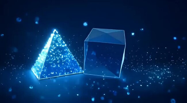 Abstract luminous crystal pyramid and cube shapes on a dark blue background