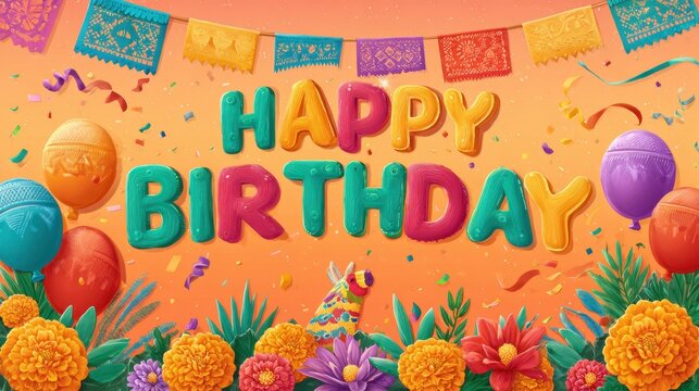 Vibrant Birthday Fiesta Poster with colorful flags, flowers, and festive decorations