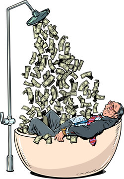 Pop Art Retro A wealthy businessman in a bathtub. Money pouring down from above. Success for his business and company.