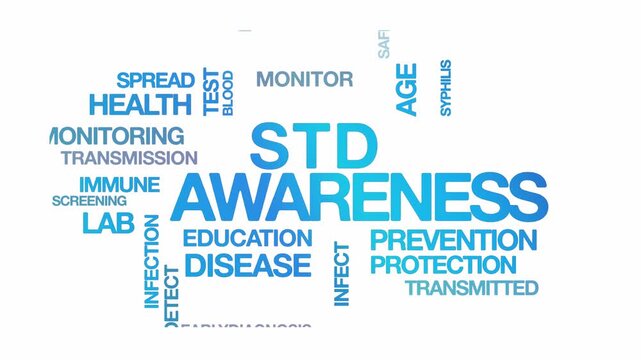 STD awareness concept Animated Tag Word Cloud kinetic typography Animation seamless loop video motion graphics Intro sexually transmitted disease wordart blue type on white background backdrop bg 