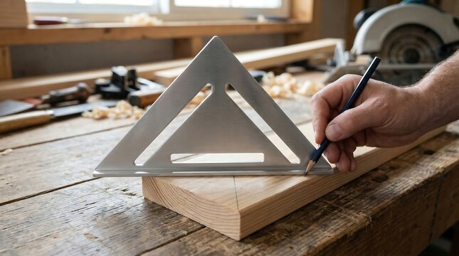 Man using triangle ruler to mark wood on workshop table on transparent background