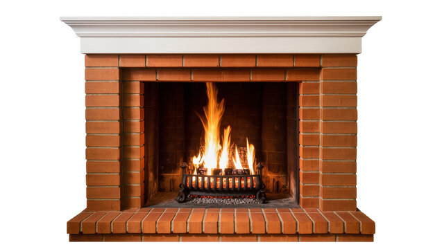 Orange brick fireplace with white mantle and burning logs, isolated on transparent background