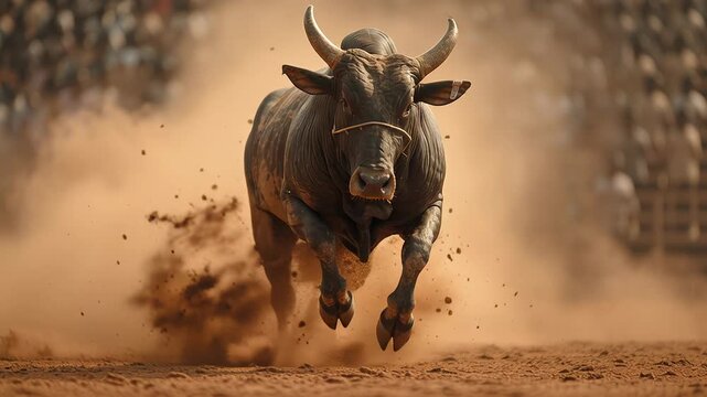 Black bull charging through dusty arena, cinematic low angle shot with dramatic backlight and swirling dust, powerful hooves kicking dirt, crowd silhouettes