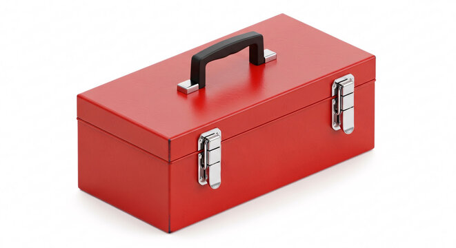 Isolated Red Metal Toolbox with Silver Hardware and Black Handle on a White Background Top View