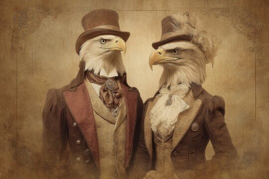 Pair of Eagles in Vintage Costume Portrait with Sepia Tones
