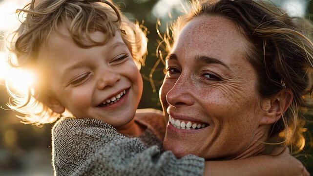Closeup caucasian mother hugging son smiling, freckled face pressed to childs cheek, windblown hair, knit sweater, golden hour sunlight, joyful laughter