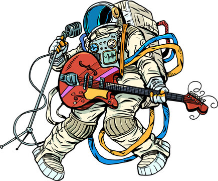 Pop Art Retro An astronaut sings with a guitar. Music service for businesses. A global music hit.