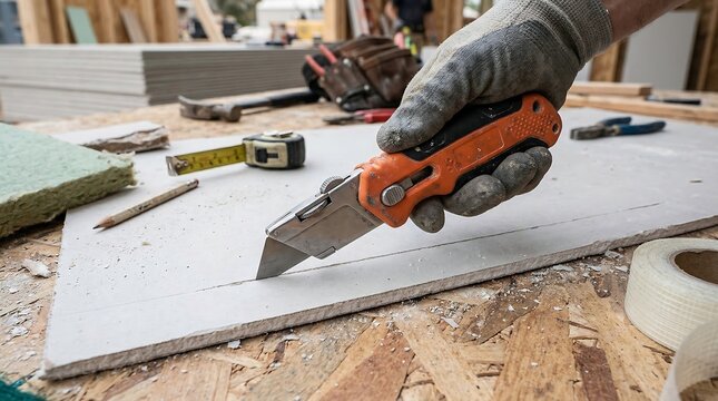 Hand cutting drywall with utility knife on transparent background