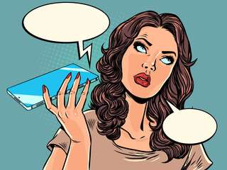 Pop Art Retro A disgruntled woman talking on the phone. Scam calls. Protecting personal data on your mobile phone. © studiostoks