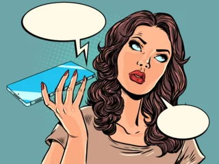 Pop Art Retro A disgruntled woman talking on the phone. Scam calls. Protecting personal data on your mobile phone. © studiostoks
