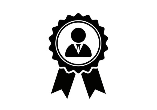 A simple but stylish black silhouette icon of a rosette award ribbon with a business person silhouette in the center