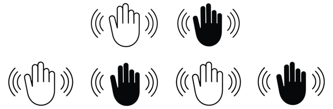 Waving, hand icon set featuring hello gesture symbols, greeting and communication concept, modern flat vector illustration collection for apps, websites, and digital interface design