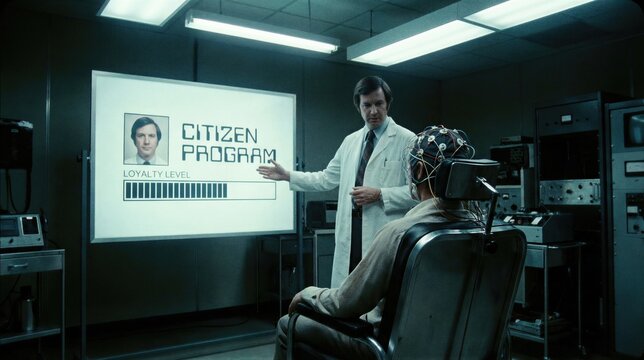 Scientist in lab coat conducting psychological experiment. Man wearing head gear for brain monitoring. Mind control and hypnosis concept. Government behavioral modification program control.