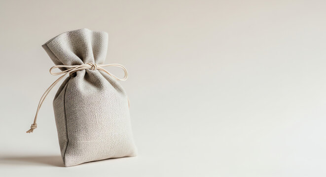 Canvas pouch tied with string on neutral background  