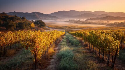 Dawn Light Across Rolling Vineyard Rows in California Fall