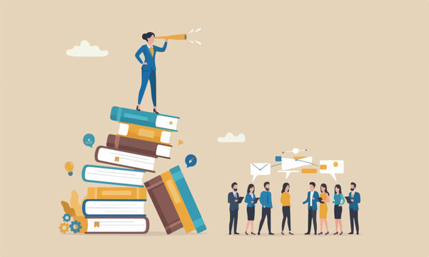 Book or educatio pillars help career advancement, knowledge or wisdom for business visionary, leadership or opportunity concept, confidence businesswoman leader on high books stack look through