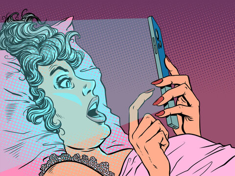 Pop Art Retro A woman in bed staring at her phone. Technology and internet addiction. Special offers and promotions for clients.