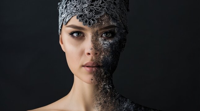 Young Russian woman from Moscow with textured metallic makeup covering half face in artistic studio lighting Concept of innovation