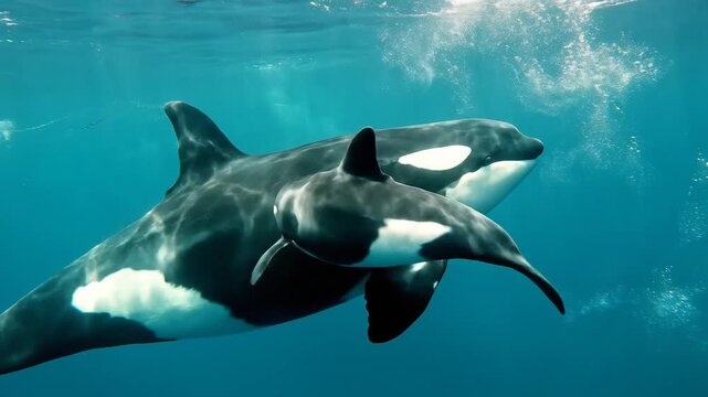 Orca whale mother and calf swimming peacefully underwater