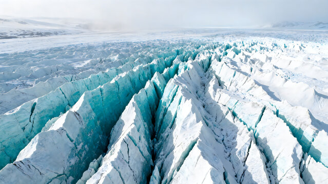 Aerial view of blue glacier crevasses, majestic arctic ice landscape, frozen glacial peaks and deep fissures in polar wilderness isolated on White Background