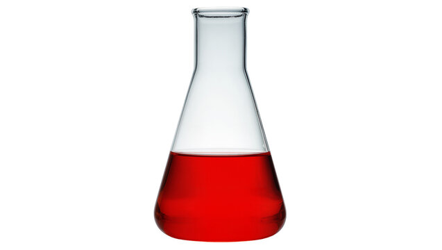 Clear glass Erlenmeyer flask containing red liquid, isolated on transparent background