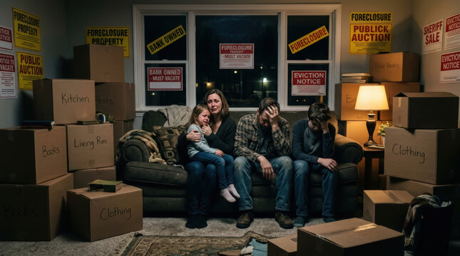 Family surrounded by foreclosure signs and cardboard boxes sitting on couch