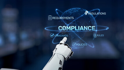 A robotic hand symbolizes compliance, featuring elements like regulations and standards. This image...