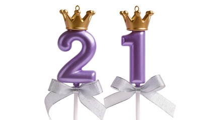Purple number 2 and 1 candles with gold crowns and silver bows, isolated on transparent background