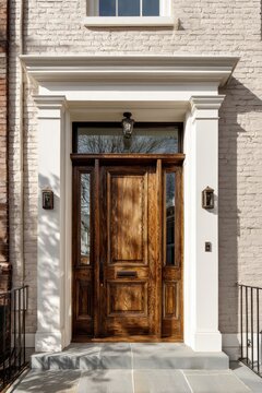 Elegant maple wood front entry with transom window and sidelights on a refreshed urban home