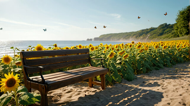 Parkbank am Strandweg mit Sonnenblumen und Meeresblick
