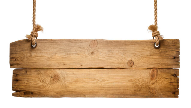 Rustic wooden planks sign hanging by rope, isolated on transparent background