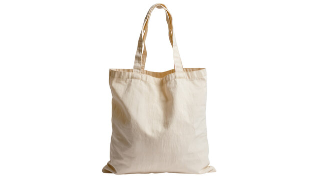 Plain beige canvas tote bag with fabric handles, isolated on transparent background