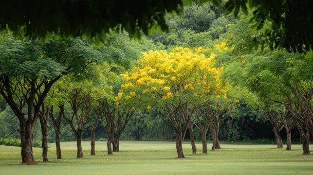 Ten-tree garden scene with lush green foliage and a bright yellow-blooming Ratchaphruek