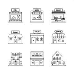 Naklejka premium Minimalist corner store illustration, black and white vector design, small retail shop with striped awning and large display windows, clean line art, isolated on white background.