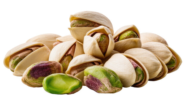 Pile of shelled and unshelled pistachios with vibrant green kernels, isolated on transparent background